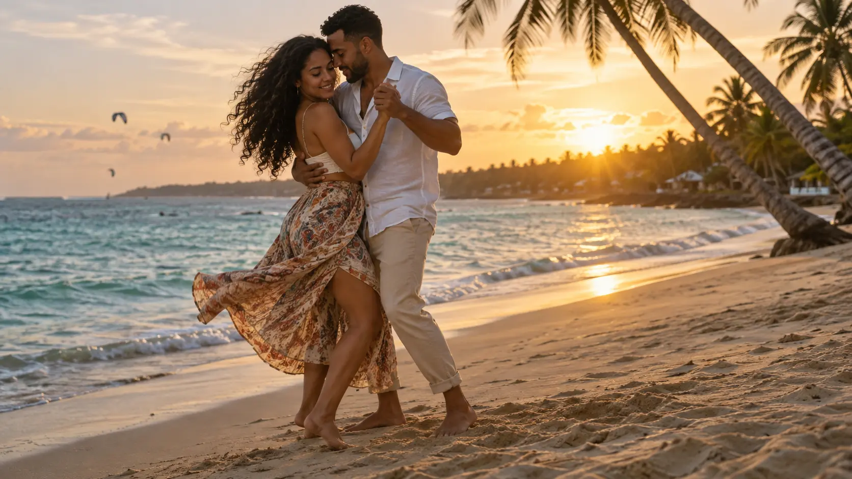 Pareja bailando bachata frente al mar dominicano