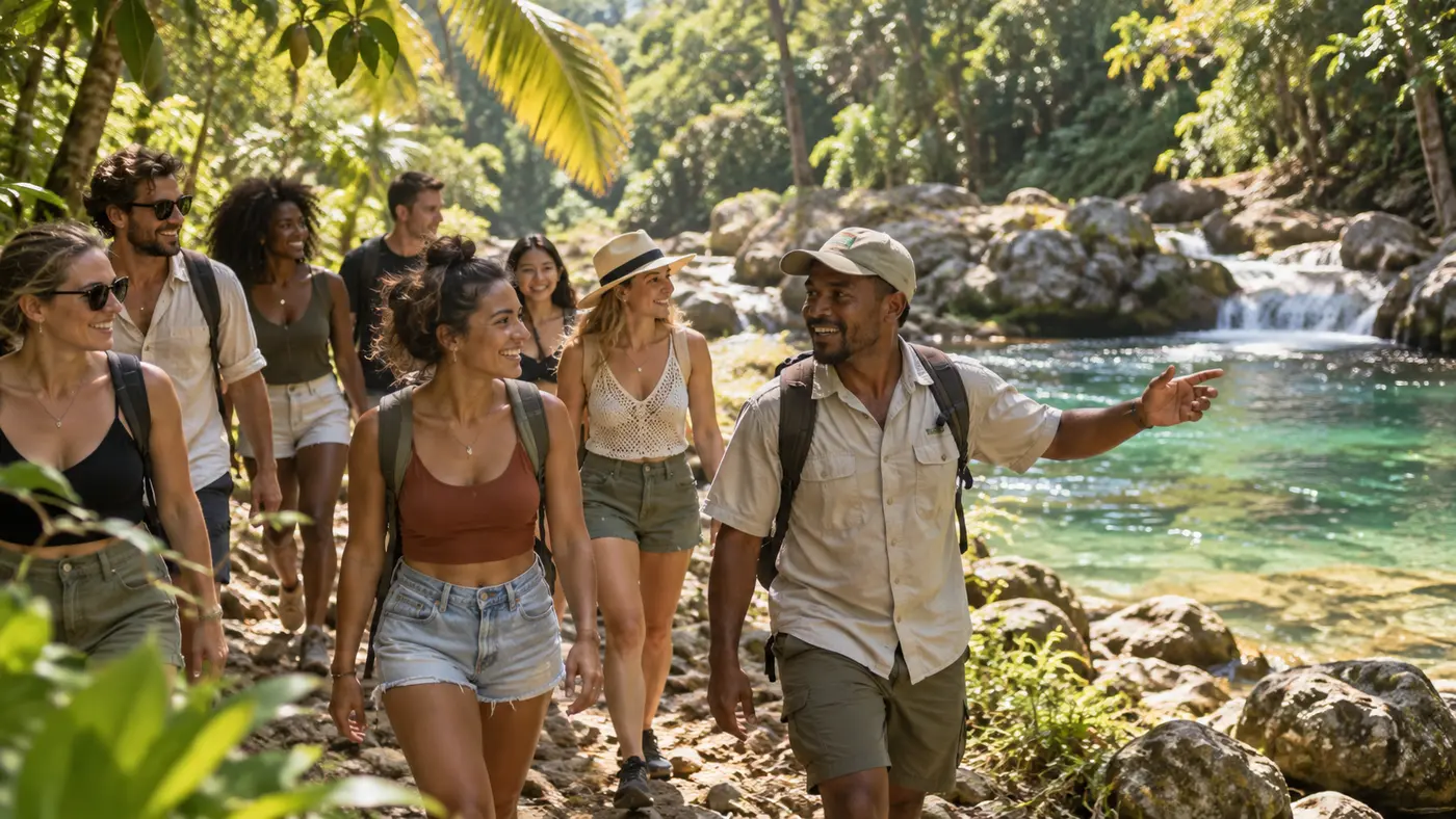 Grupo activo reunido junto a un río tropical